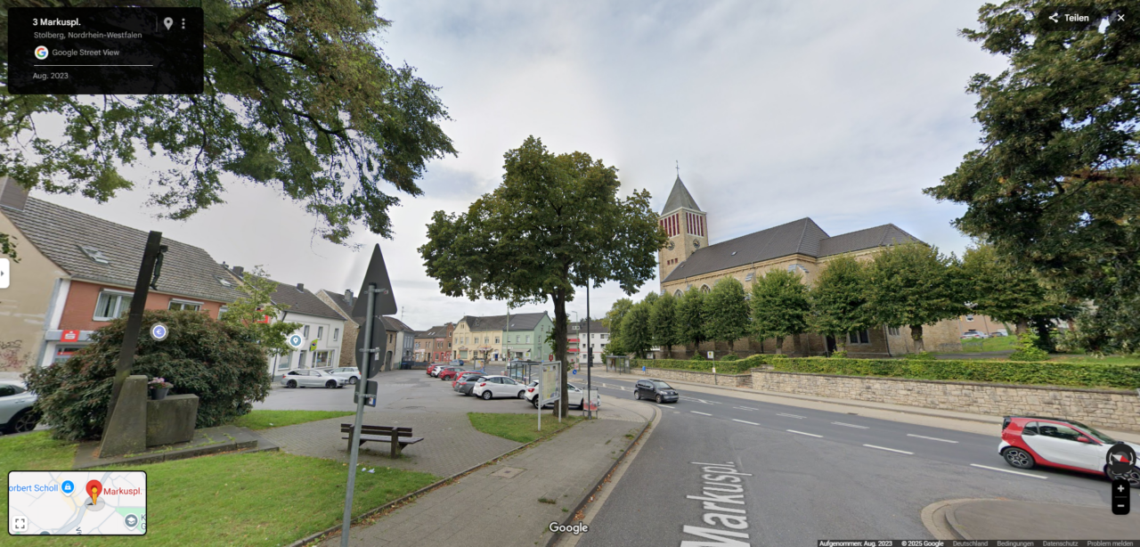 Screenshot aus GoogleMaps vom Markusplatz in Stolberg vor der anstehenden Umgestaltung, Aufnahmedatum 28.03.2025